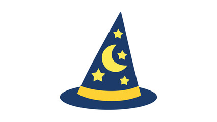 Fototapeta premium Modern flat vector illustration of a tall pointed wizard hat in dark blue with yellow crescent moon and stars, isolated on white background. Ideal for magic, fantasy, sorcery, and mystical themes.
