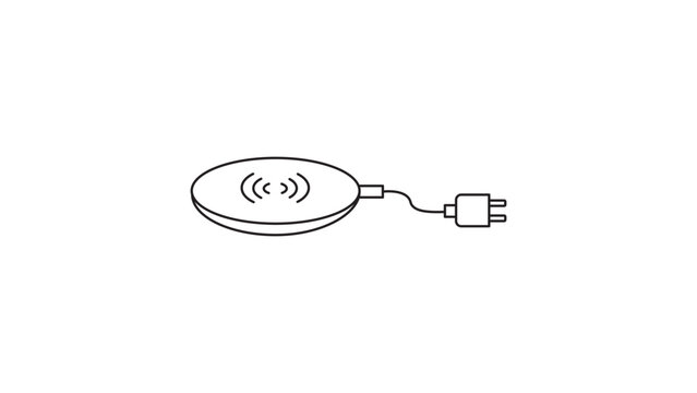 Wireless Charger Editable Stroke Vector Icon. Minimalist black line illustration of a round induction charging pad with power plug and cable, ideal for mobile technology and gadget interface.