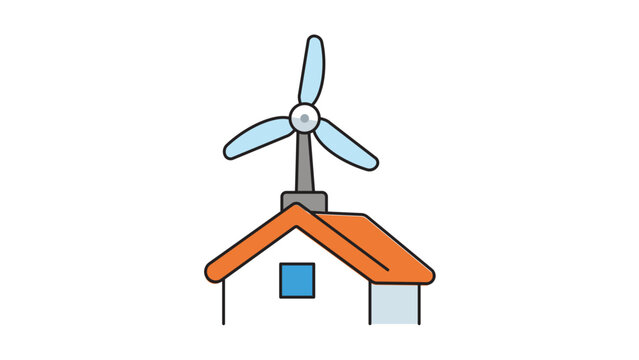 Modern Flat Vector Icon of a Small House with a Rooftop Wind Turbine for Renewable Energy and Sustainable Living, Featuring an Editable Stroke Design for Customizable Line Weight and Style.