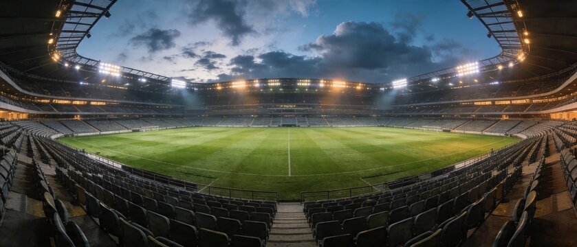A wide-angle view of a sports stadium with a green field and empty seats at dusk.