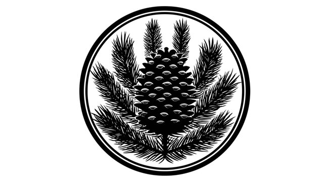 Black and white pine cone emblem inside a circular frame isolated