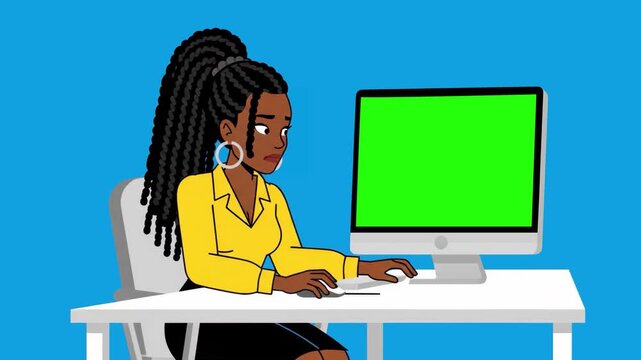 A 2D cartoon character of a professional woman in a yellow shirt working at a computer with a green screen display. This asset allows for easy chroma keying of website interfaces or software demos.