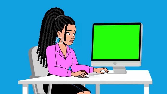 A 2D vector graphic animation of a young Black woman with long braids working diligently at her office desk, typing on a keyboard next to a desktop computer monitor displaying a solid chroma key green