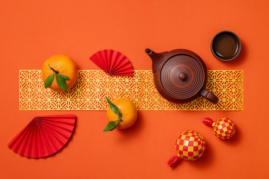 Lunar New Year still life with traditional decoration