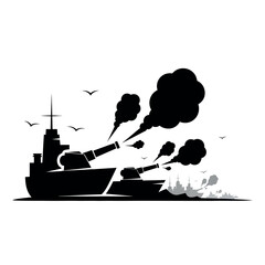Warship Destroyer Firing Cannons at Sea. © Shena