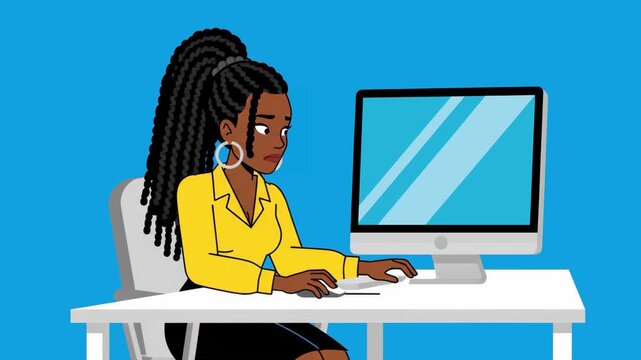 A flat design 2D vector animation showing a Black woman with long braids wearing a yellow jacket, sitting at a desk and typing on a keyboard in front of a desktop computer against a solid blue backgro