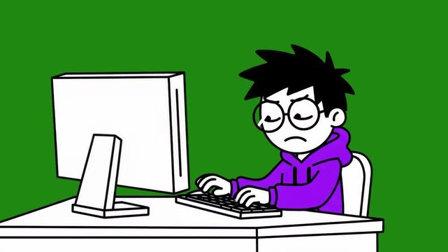A 2D cartoon illustration of a young boy with glasses wearing a purple hoodie, looking tired while typing on a computer. This character asset is ideal for themes of burnout, study stress, or gaming fa