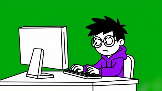 A 2D cartoon illustration of a young boy with glasses wearing a purple hoodie, looking tired while typing on a computer. This character asset is ideal for themes of burnout, study stress, or gaming fa