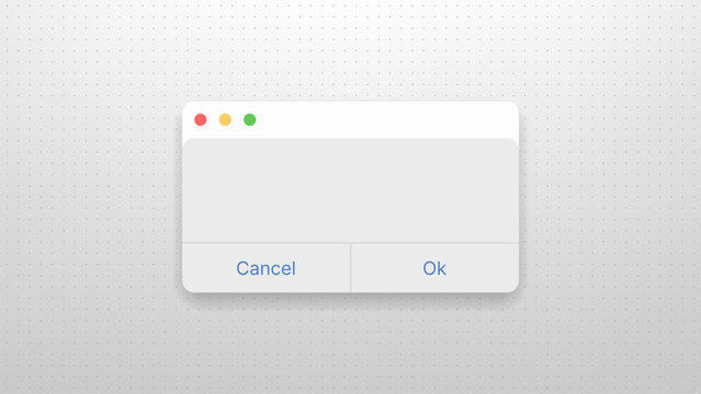 Graphic user interface window with cancel and ok button. Minimalist popup frame for software application. Modern digital dialogue box for web development and computer interaction design.