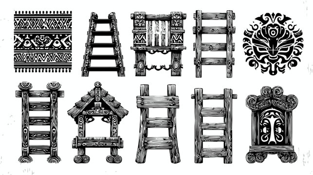 Set of decorative wooden ladders and designs in vector illustration