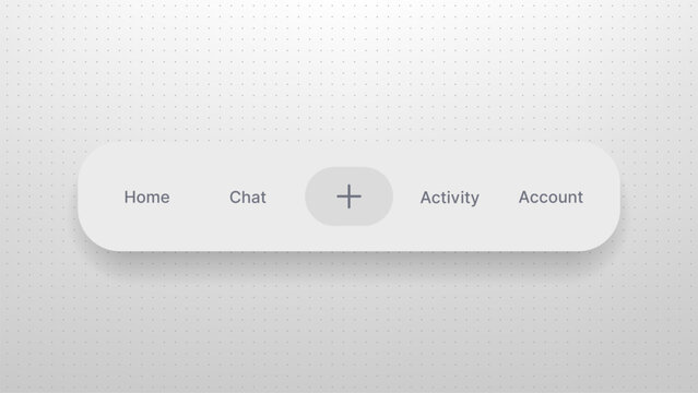 Modern user interface navigation bar with plus button. Floating menu panel for mobile application design. Minimalist digital toolbar with text labels in flat design style on gray background.