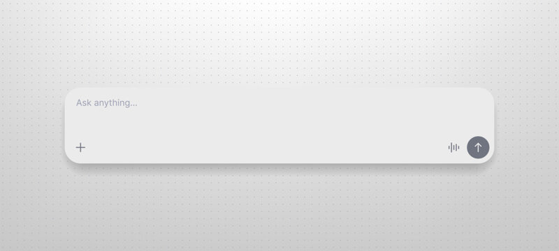 Chat interface text box with prompt placeholder and send button. Digital artificial intelligence communication field for user input. UI vector element for modern web and mobile application.
