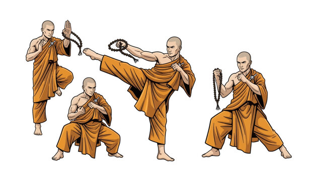 Collection of Monks practicing martial arts movements slowly.