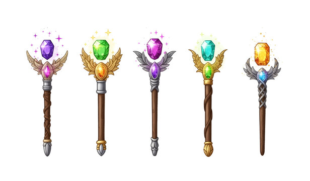 Collection of Five fantasy magic wands with jewels.
