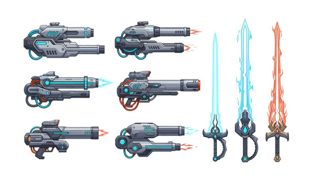 Collection of Futuristic Blasters and Energy Swords.