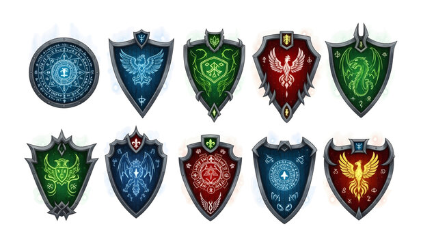 Collection of fantasy shields and crests.