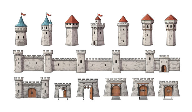Collection of Medieval Castle Architecture Tower Walls.