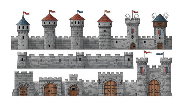 Collection of Gray Castle Wall with Towers.