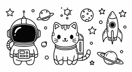 Cute Cartoon Astronaut Cat Rocket and Planets Space Exploration Doodle Art. © Wita