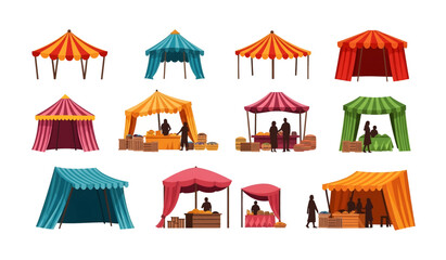 Obraz premium Collection of Colorful market stalls and canopies.