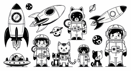 Cute cartoon astronauts and rockets exploring outer space adventure. © Wita