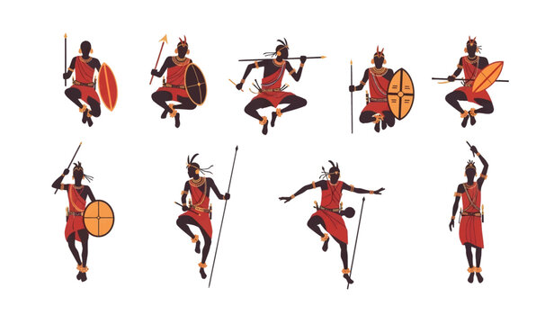 Collection of Warriors in traditional African attire dancing.