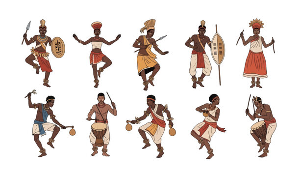 Collection of African tribal warriors in traditional dress.