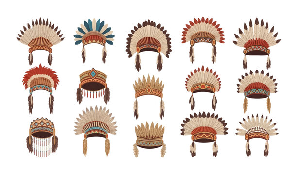 Collection of Native American headdresses on display.