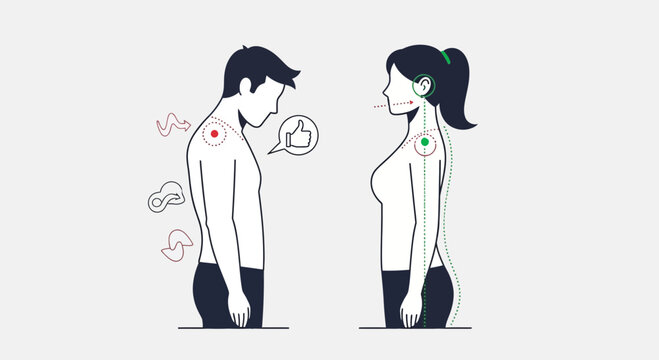 Man with bad posture vs Woman with good posture, spine alignment, health concept