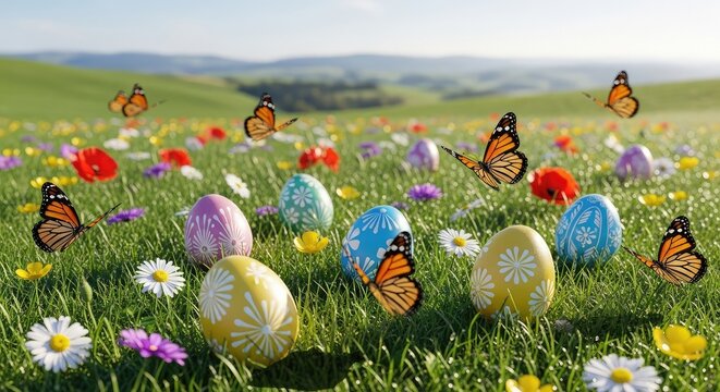 Easter eggs and butterflies in flowers.