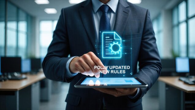 Business professional holding tablet with policy updated notification, Corporate compliance, new rules implementation, governance management, regulatory change, and digital documentation process.