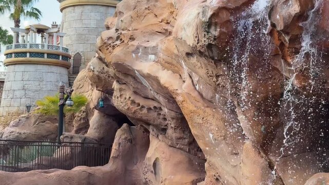 A rocky waterfall flows beside castle towers. The scene creates a magical fairytale atmosphere for park visitors.