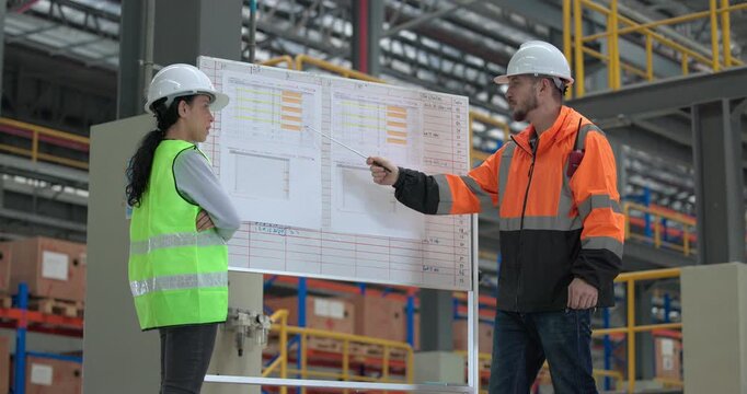 Rail engineers engaged in a planning and review session, focusing on a board displaying schedules, maintenance plans, and performance data of the rail systems. Ensuring efficient rail operations.