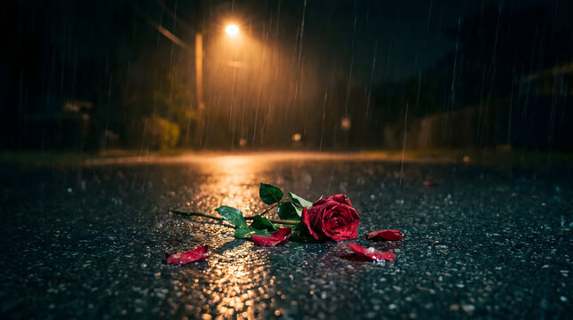 A single red rose with scattered petals lies on a rain-soaked street illuminated by a distant streetlamp.