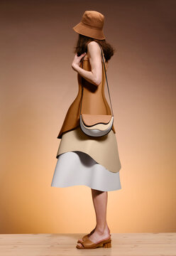 Tan Layered Dress With Hat And Bag