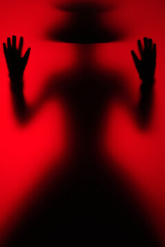 Silhouette of a Chinese woman in formal attire against red background