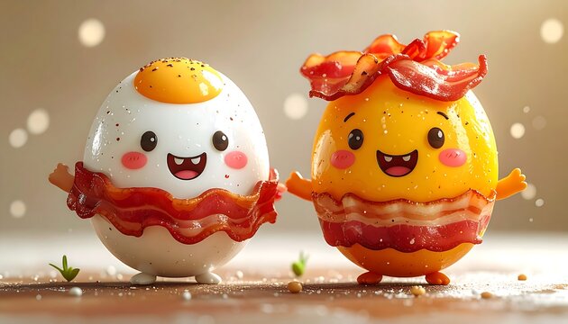 Two cartoon eggs with bacon and happy faces