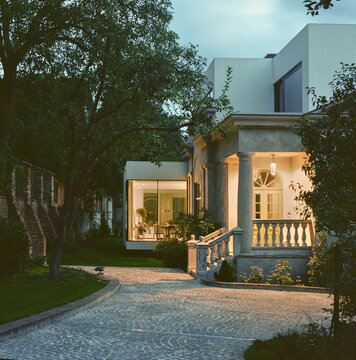 Evening View of Private House and Glass Pavilion
