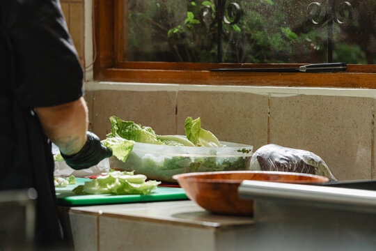 Chef hands preparing fresh salad with lettuce in kitchen