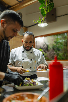 Chefs preparing gourmet food in professional kitchen