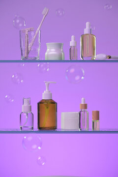 Aesthetic bathroom shelf display with skincare products