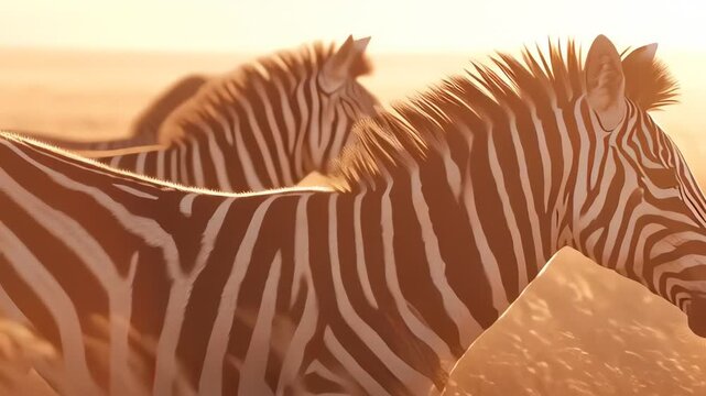 Herd of Zebras Grazing in Savanna at Sunset