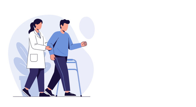 Physical therapist assisting patient with walker, rehabilitation and recovery concept