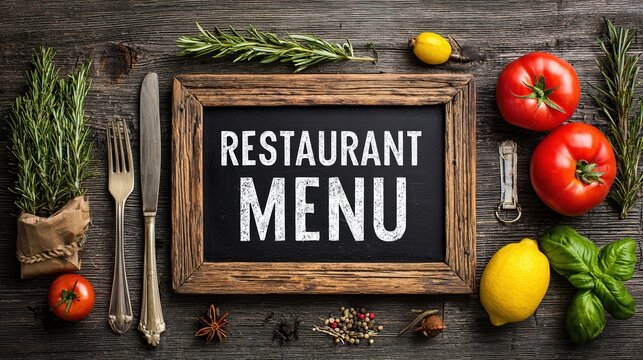 Rustic Restaurant Menu Still Life with Tomatoes, Lemon, Herbs, and Spices