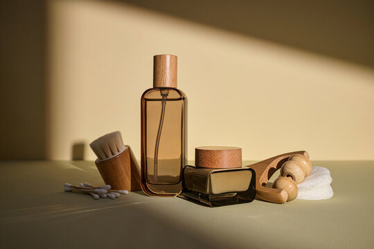 Skincare essentials arranged on a neutral surface