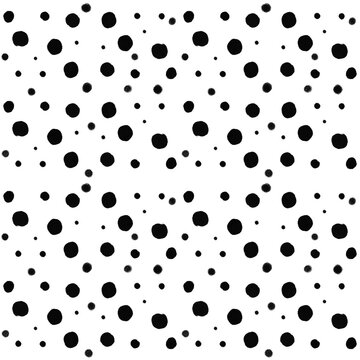 Black and white polka dot seamless pattern with scattered random dots on clean white background. Minimal abstract monochrome texture ideal for fabric prints, wrapping paper, wallpaper, fashion design.