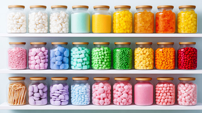 Multiple shelves with glass jars of assorted candies represent bulk retail, inventory management