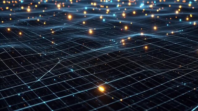 Digital network grid with glowing nodes symbolizing creativity, art, and imagination