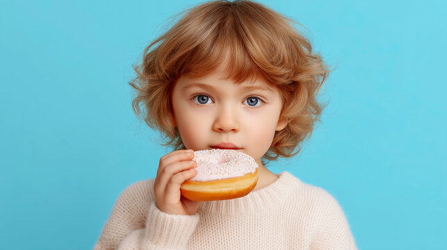 Cute child holding donut and looking at camera in studio portrait for food advertising