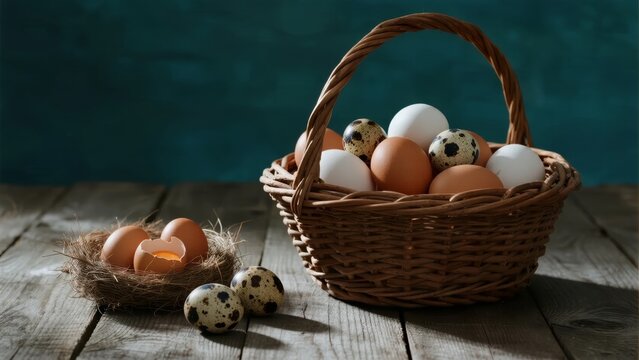 A wicker basket filled with various eggs, including speckled and brown ones, on a wooden surface with a dark background.